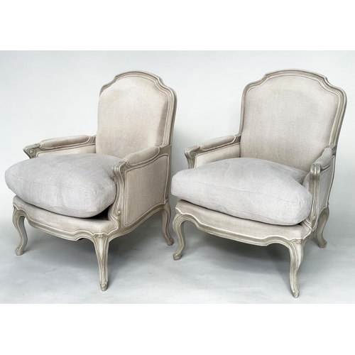 108 - BERGERES, a pair, French style grey painted with neutral grey linen upholstery, 71cm W. (2)