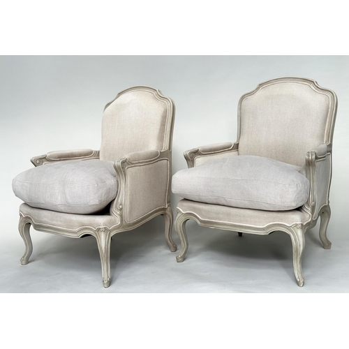 108 - BERGERES, a pair, French style grey painted with neutral grey linen upholstery, 71cm W. (2)