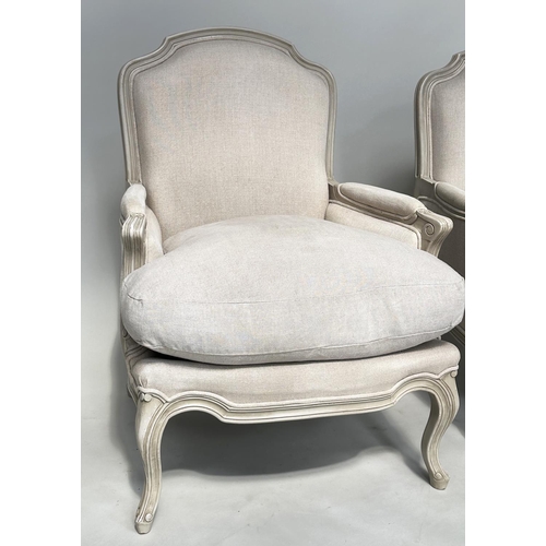 108 - BERGERES, a pair, French style grey painted with neutral grey linen upholstery, 71cm W. (2)