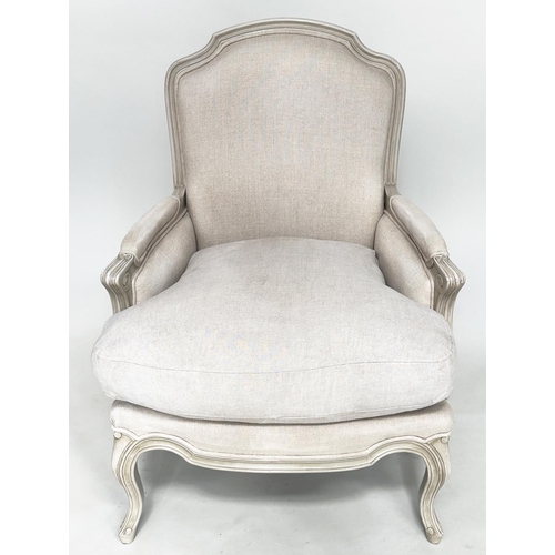 108 - BERGERES, a pair, French style grey painted with neutral grey linen upholstery, 71cm W. (2)