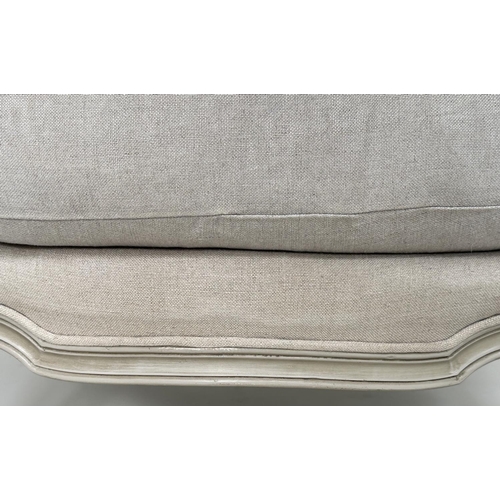 108 - BERGERES, a pair, French style grey painted with neutral grey linen upholstery, 71cm W. (2)