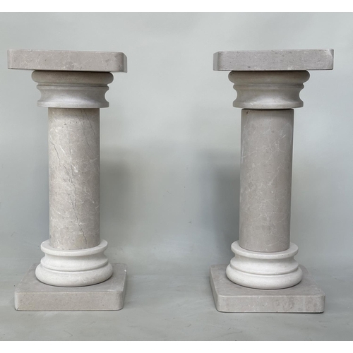 110 - COLUMNS, a pair, Italian travertine, each in three sections, 31cm W x 31cm D x 72cm H. (2)