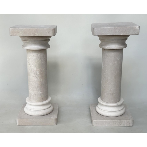 110 - COLUMNS, a pair, Italian travertine, each in three sections, 31cm W x 31cm D x 72cm H. (2)