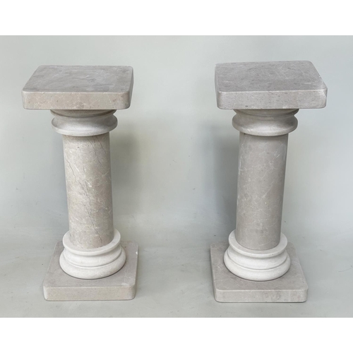 110 - COLUMNS, a pair, Italian travertine, each in three sections, 31cm W x 31cm D x 72cm H. (2)