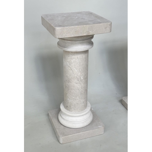 110 - COLUMNS, a pair, Italian travertine, each in three sections, 31cm W x 31cm D x 72cm H. (2)