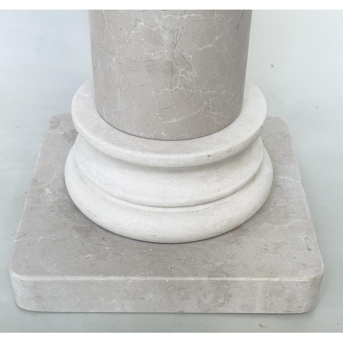 110 - COLUMNS, a pair, Italian travertine, each in three sections, 31cm W x 31cm D x 72cm H. (2)