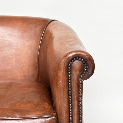 115 - DANISH SOFA, 20th century studded hand finished soft antique, tan brown leather, upholstered with sc... 