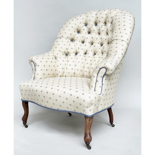 117 - ARMCHAIR, Early 20th century Edwardian studded and deep button upholstered, blue and yellow weave, c... 