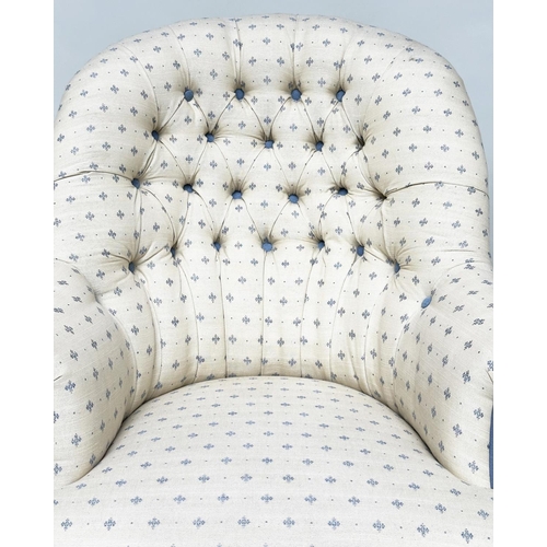 117 - ARMCHAIR, Early 20th century Edwardian studded and deep button upholstered, blue and yellow weave, c... 