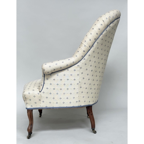 117 - ARMCHAIR, Early 20th century Edwardian studded and deep button upholstered, blue and yellow weave, c... 