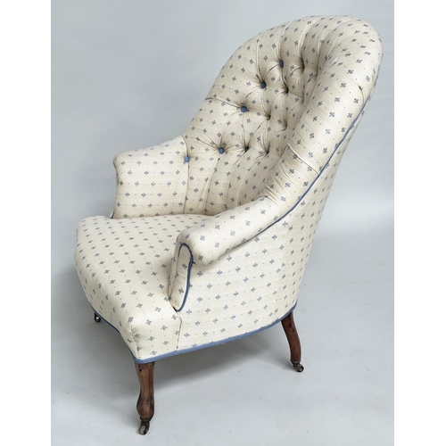 117 - ARMCHAIR, Early 20th century Edwardian studded and deep button upholstered, blue and yellow weave, c... 