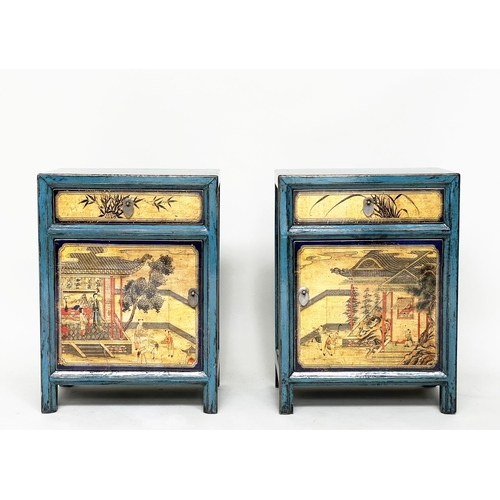 126 - BEDSIDE CABINETS, a pair, Chinese vintage style blue lacquered with vellum style chinoiserie painted... 