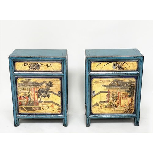 126 - BEDSIDE CABINETS, a pair, Chinese vintage style blue lacquered with vellum style chinoiserie painted... 