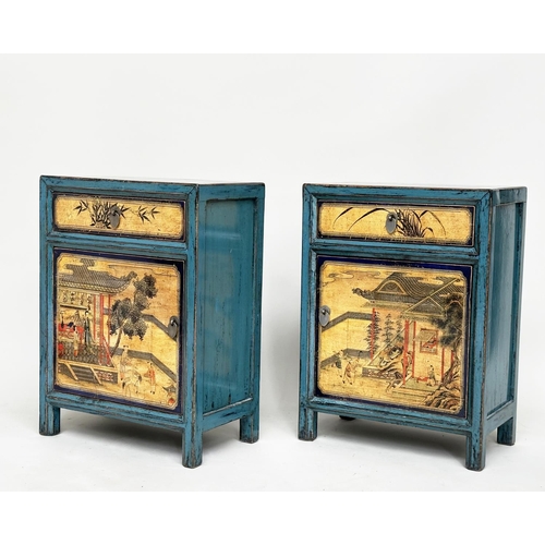 126 - BEDSIDE CABINETS, a pair, Chinese vintage style blue lacquered with vellum style chinoiserie painted... 