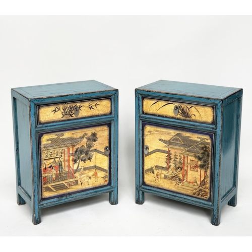 126 - BEDSIDE CABINETS, a pair, Chinese vintage style blue lacquered with vellum style chinoiserie painted... 