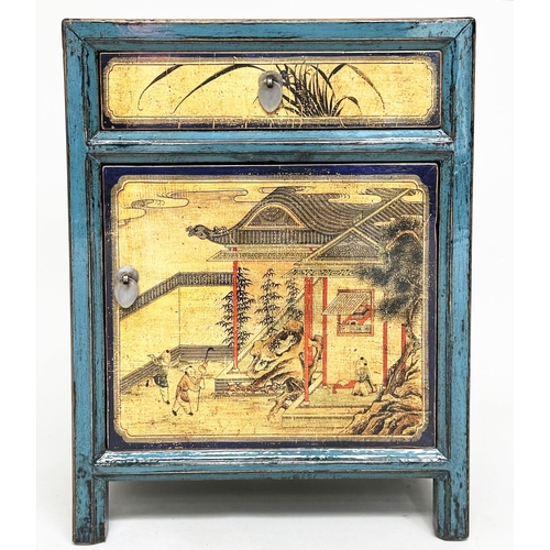 126 - BEDSIDE CABINETS, a pair, Chinese vintage style blue lacquered with vellum style chinoiserie painted... 