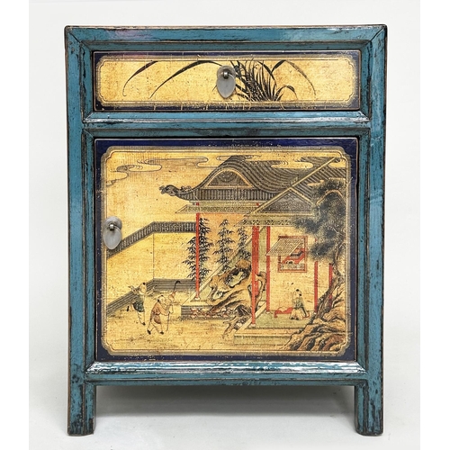 126 - BEDSIDE CABINETS, a pair, Chinese vintage style blue lacquered with vellum style chinoiserie painted... 