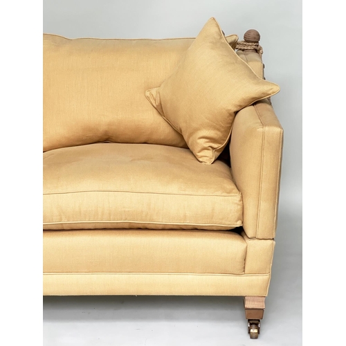 127 - SOFA BY DURESTA, Knole style yellow linen upholstered with drop ends, square tapering supports and c... 