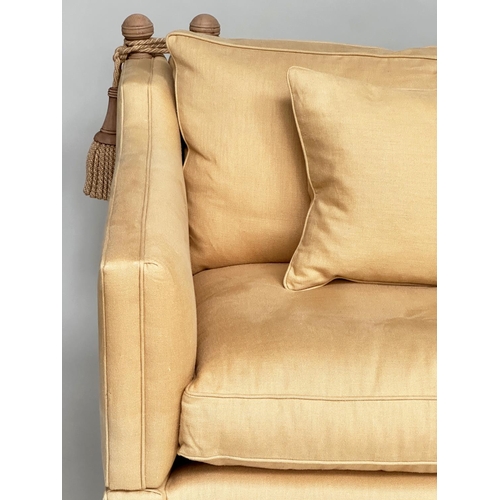 127 - SOFA BY DURESTA, Knole style yellow linen upholstered with drop ends, square tapering supports and c... 