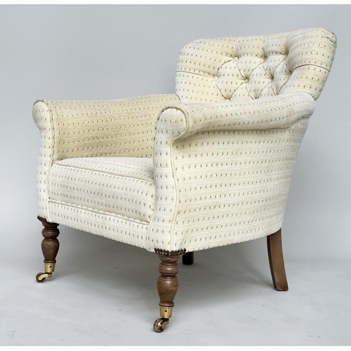 130 - ARMCHAIR, Early 20th century with dotted chenille upholstery scroll arms, button back and turned fro... 