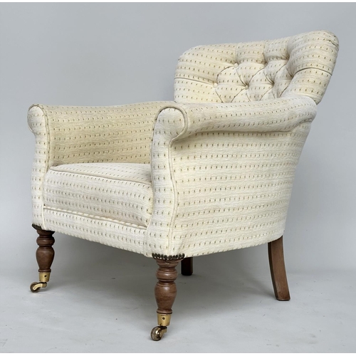 130 - ARMCHAIR, Early 20th century with dotted chenille upholstery scroll arms, button back and turned fro... 