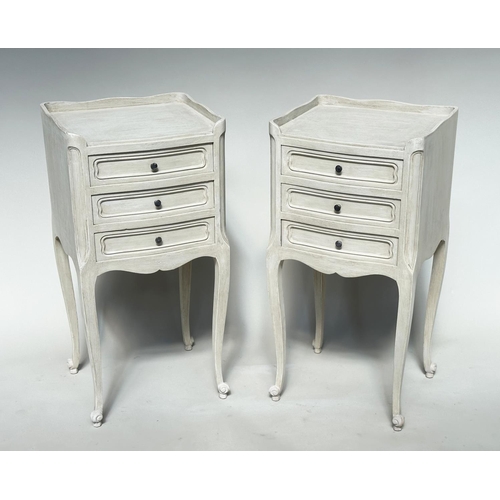 131 - BEDSIDE CHESTS, a pair, French traditionally grey painted each with three drawers, 36cm W x 67cm H x... 