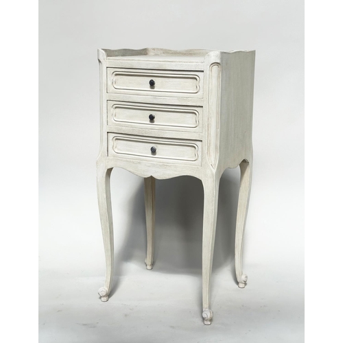 131 - BEDSIDE CHESTS, a pair, French traditionally grey painted each with three drawers, 36cm W x 67cm H x... 