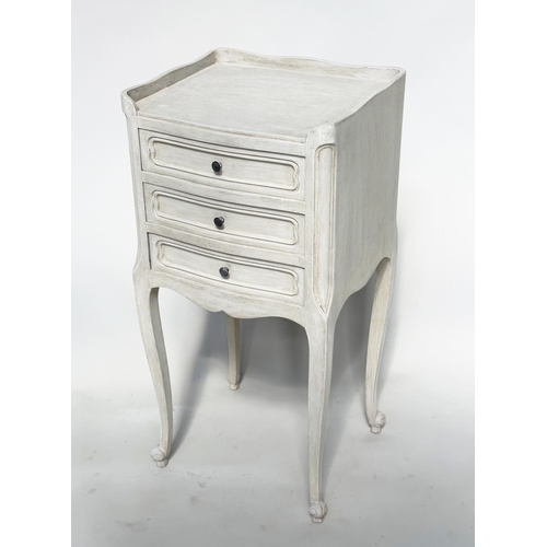 131 - BEDSIDE CHESTS, a pair, French traditionally grey painted each with three drawers, 36cm W x 67cm H x... 