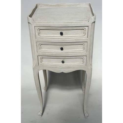 131 - BEDSIDE CHESTS, a pair, French traditionally grey painted each with three drawers, 36cm W x 67cm H x... 