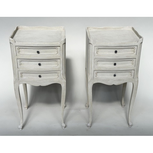 131 - BEDSIDE CHESTS, a pair, French traditionally grey painted each with three drawers, 36cm W x 67cm H x... 