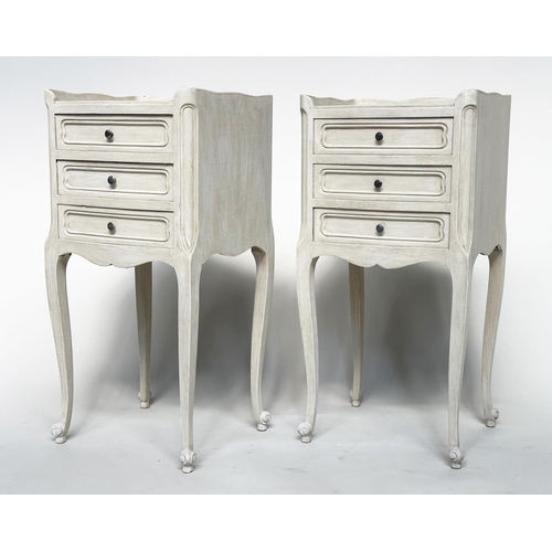 131 - BEDSIDE CHESTS, a pair, French traditionally grey painted each with three drawers, 36cm W x 67cm H x... 