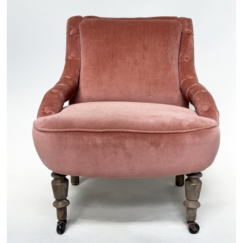 135 - SLIPPER AMRCHAIR, Victorian dusty pink velvet upholstered with turned front supports, 61cm W.