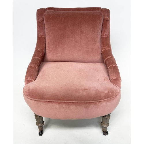 135 - SLIPPER AMRCHAIR, Victorian dusty pink velvet upholstered with turned front supports, 61cm W.