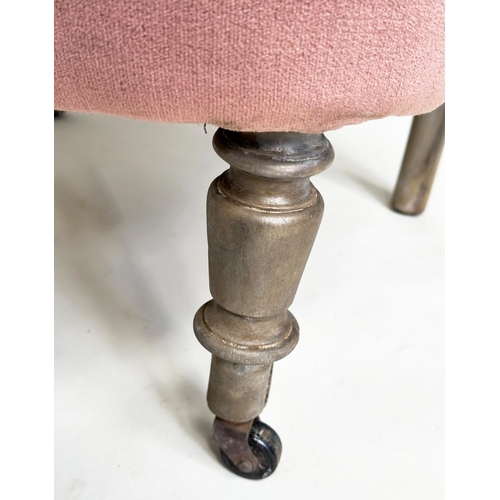 135 - SLIPPER AMRCHAIR, Victorian dusty pink velvet upholstered with turned front supports, 61cm W.