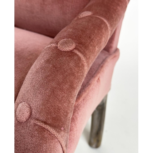 135 - SLIPPER AMRCHAIR, Victorian dusty pink velvet upholstered with turned front supports, 61cm W.