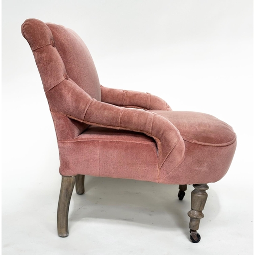 135 - SLIPPER AMRCHAIR, Victorian dusty pink velvet upholstered with turned front supports, 61cm W.