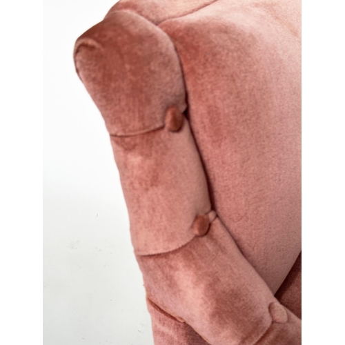 135 - SLIPPER AMRCHAIR, Victorian dusty pink velvet upholstered with turned front supports, 61cm W.