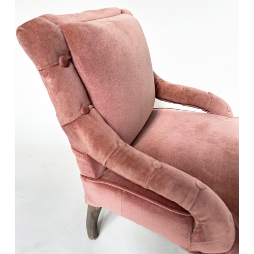 135 - SLIPPER AMRCHAIR, Victorian dusty pink velvet upholstered with turned front supports, 61cm W.