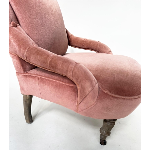 135 - SLIPPER AMRCHAIR, Victorian dusty pink velvet upholstered with turned front supports, 61cm W.