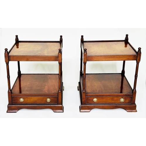 137 - LAMP TABLES, a pair, George III design flame mahogany each with drawer and two tiers, 45cm W x 45cm ... 