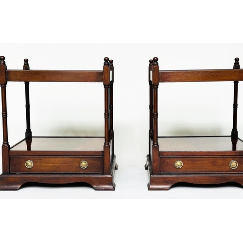 137 - LAMP TABLES, a pair, George III design flame mahogany each with drawer and two tiers, 45cm W x 45cm ... 