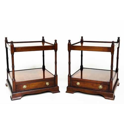 137 - LAMP TABLES, a pair, George III design flame mahogany each with drawer and two tiers, 45cm W x 45cm ... 