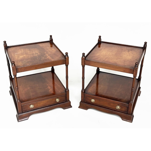 137 - LAMP TABLES, a pair, George III design flame mahogany each with drawer and two tiers, 45cm W x 45cm ... 