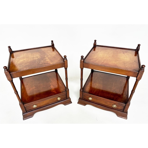 137 - LAMP TABLES, a pair, George III design flame mahogany each with drawer and two tiers, 45cm W x 45cm ... 