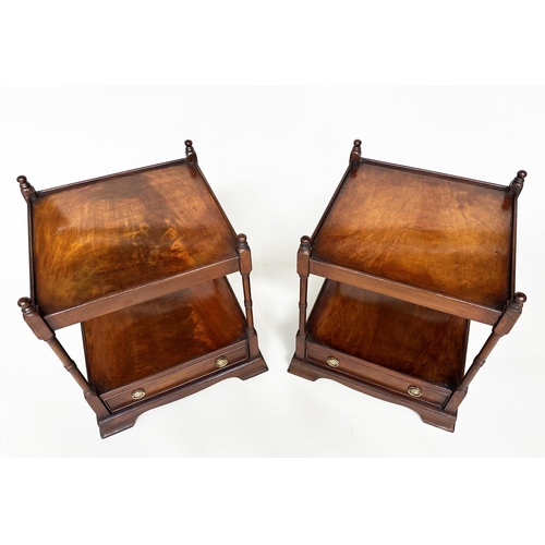 137 - LAMP TABLES, a pair, George III design flame mahogany each with drawer and two tiers, 45cm W x 45cm ... 