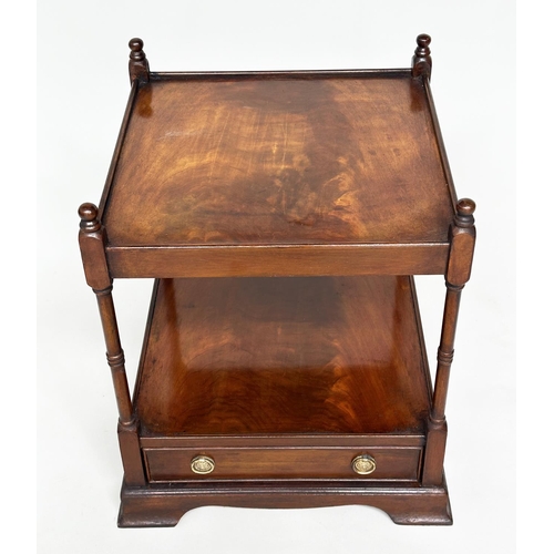 137 - LAMP TABLES, a pair, George III design flame mahogany each with drawer and two tiers, 45cm W x 45cm ... 