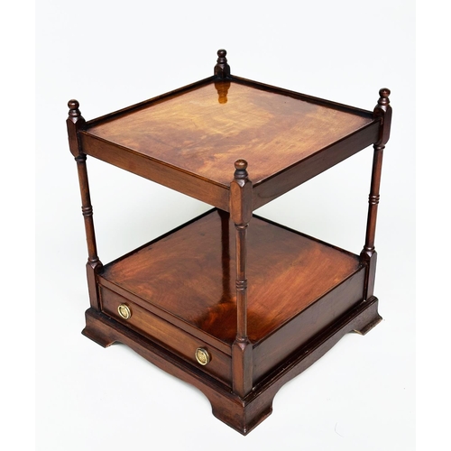 137 - LAMP TABLES, a pair, George III design flame mahogany each with drawer and two tiers, 45cm W x 45cm ... 