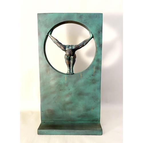 340 - CONTEMPORARY SCHOOL SCULPTURE, with central cut out and diver in pose resin, 81cm H x 44cm x 25cm.