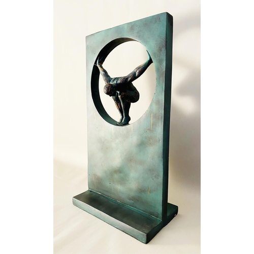 340 - CONTEMPORARY SCHOOL SCULPTURE, with central cut out and diver in pose resin, 81cm H x 44cm x 25cm.