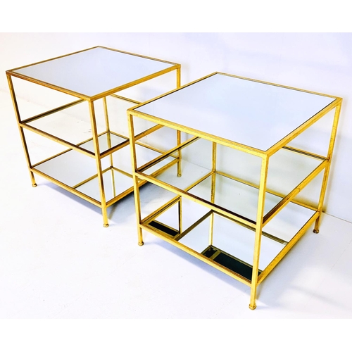 342 - SIDE TABLES, a pair, gilt metal with square mirrored tops and bases, 56cm H x 58cm x 58cm. (2)